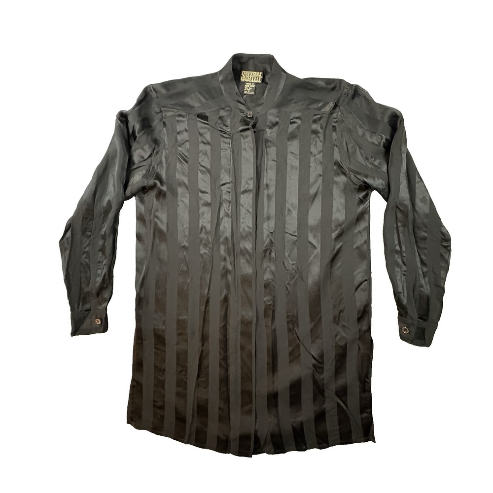 VTG Suzelle Women's Petite (Fits M) Black Silk Striped LS Button Up Shirt/Blouse